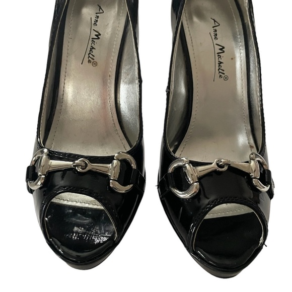 Anne Michelle Black Open Toe Buckle Heels Size 6 - Picture 2 of 8